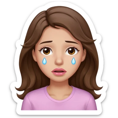 girl with wavy long brown hair, brown eyes, light to medium complexion, long lashes, light pink lipstick, wearing light pink shirt, weeping with big tears sticker