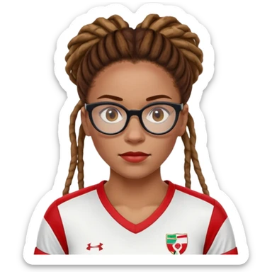 Rihanna freckles on nose and soccer woman with updo dreadlocks from east Caribbean wearing a red and white jersey and cateye eyeglasses sticker