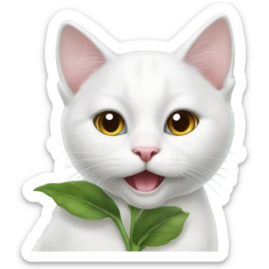 A white cat holds an eustoma flower in its mouth sticker