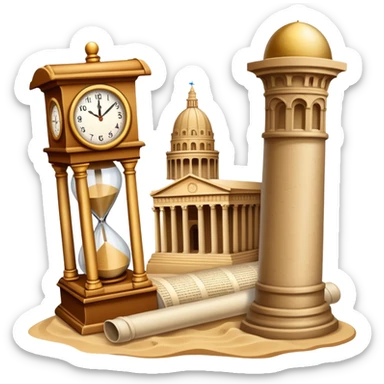icon featuring ancient scrolls, quill pen with famous historical landmarks and monuments in the background like colliseum. Large, antique sand clocks with sand pouring out represent the passage of time. Historical figures are depicted as statues. Transparent background. sticker