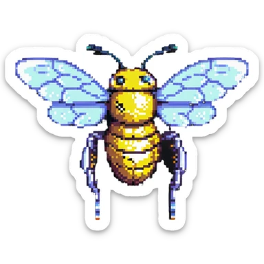 robotic bee with glowing wings pixel art sticker