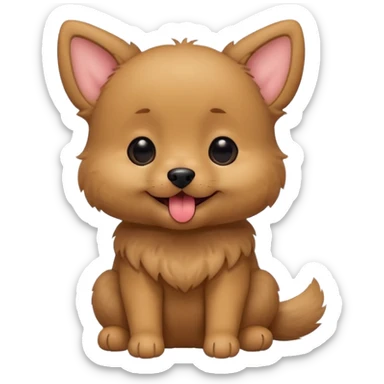 Cute small brown fluffy dog emoji icon. Round face, short muzzle, light brown fur with slightly darker ears, small black nose, happy smiling expression with tongue out. Soft friendly eyes, sitting pose with front paws together. Simple clean vector style, minimal details, kawaii style. sticker