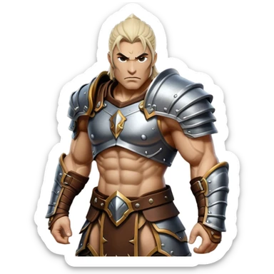 Cinematic Realistic WoW Human Warrior Portrait, captured in a dynamic, battle-ready stance, muscles defined beneath intricately detailed steel armor accented with rich leather. His chiseled visage and determined gaze are rendered with lifelike texture and dynamic natural lighting, high shine, evoking the fierce, relentless spirit of a human warrior in the midst of combat. sticker