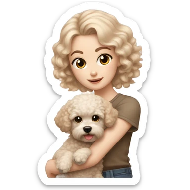 pale white girl with curly black hair holding light brown bichpoo puppy sticker