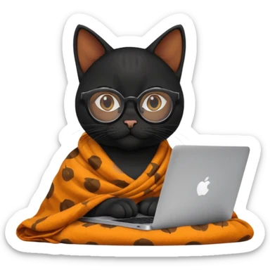 A black female cat working on a MacBook, with round frames and thin glasses, and she wears a blanket with an orange fruit pattern sticker