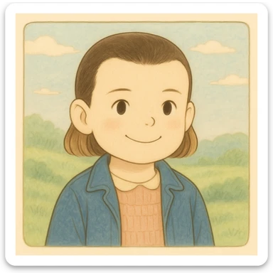 Eleven from Stranger Things with a smiling expression, simple and delicate line art as in the reference drawing, colored in pastel tones, in Ghibli style, square 1:1 format. sticker