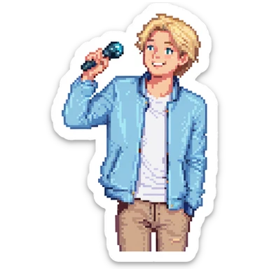 Pixel art style, expressive male performer, Caucasian features, short sandy blonde hair, lively eyes, wide cheerful smile, wearing a sky blue jacket over white tee, tossing a microphone in one hand, waist-up, front-facing sticker
