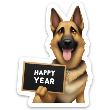 Blonde and brown German shepherd holding a sign that says “Happy New Year” sticker