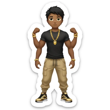 full body view of muscular teen boy with veiny hands arms and biceps. has messy black hair with dark-tan skintone with black tshirt. has gold chain and nike shoes with baggy pants sticker