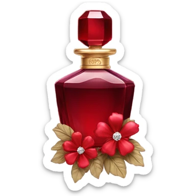 Dark red sophisticated perfume bottle with red stock flowers and a crystal ornament sticker