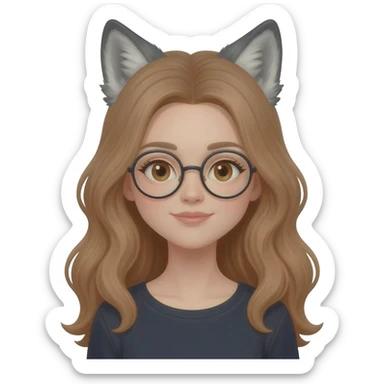 detailed emoji illustration of a woman with long light brown wavy hair and light brown eyes wearing round glasses, with wolf ears on top of her head, cute fantasy emoji style sticker