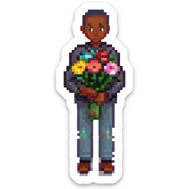 black man looking sad holding flowers and candy sticker