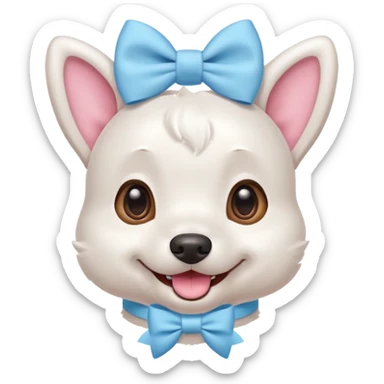 a cute white dog wearing a pink blue pastel bow on his head while he smiles excitedly sticker