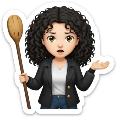 Hej, proszę wygeneruj mi emoji która przedstawia kobietę biała karnacja długie czarne kręcone rozczochrane włosy lekko grubsza, ubrana jest w białą koszulkę oraz czarną rozpiętą kurtkę jest w furii trzyma w rękach wielki badyl sticker