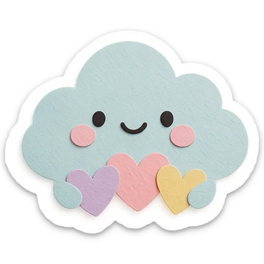 adorable pastel puffy cloud holding small pastel hearts, no arms or legs, full body, kawaii paper craft style sticker