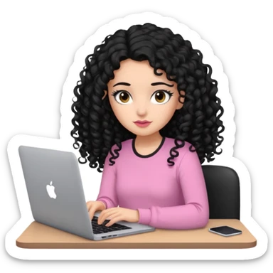 a girl typing mac book with long black curly hair and brown eyes with black eyeliner, pink shirt sticker