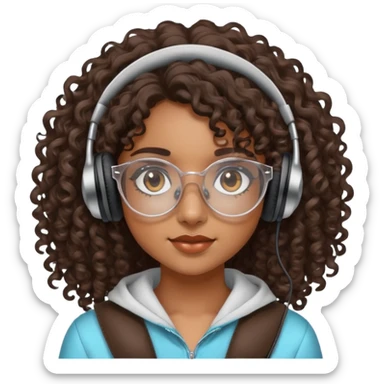 Chica morena con cabello crespo, con lentes transparentes y que tenga los ojos cafés oscuro. Y con unos audífonos en las manos. sticker