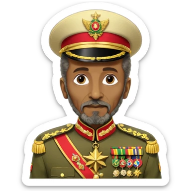 Create an emoji of an Older Haile Selassie African king wearing his ceremonial military uniform adorned with numerous medals, orders, and a sash. sticker