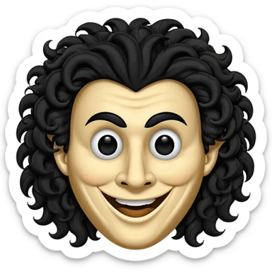 generate theatre wooden mask emoji with a big curly black hair 

wide black coloured smile, long and pointy white nose with no nostrils, pitch black eyes sticker