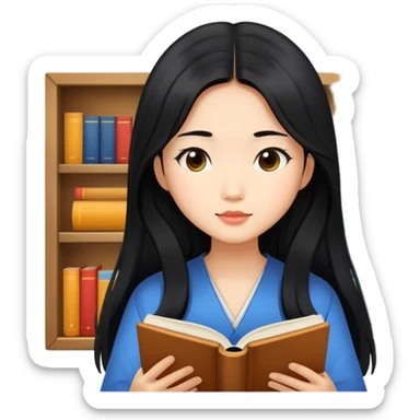 Beautiful Asian girl with long black hair reading sticker