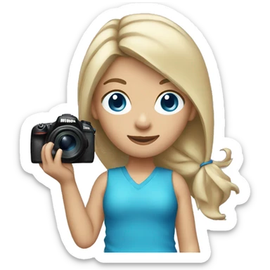 Girl with dark blonde loose ponytail and BLUE eyes Holding a Nikon Camera in her hands sticker