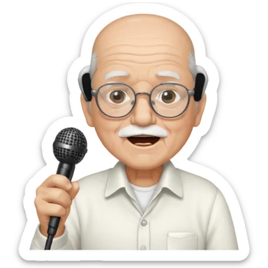 singer, Old man, singing, holding mic, white shirt glasses sticker