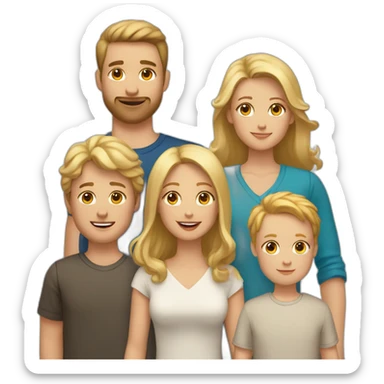 white family with 5 people, 1 blonde adult woman, 1 brunette adult male, 1 brunette male child, 1 brunette female child, 1 blonde male child. plus 2 golden retrievers sticker