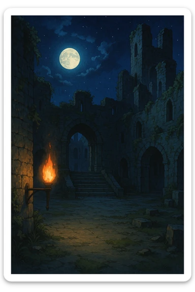 Midnight castle ruins torchlit courtyard sticker