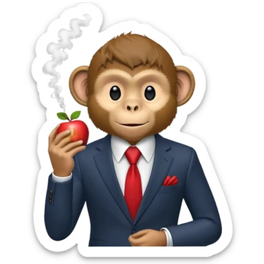 A mischievous monkey in a business suit, enjoying a relaxing smoke break. The apple represents the cheeky and slightly rebellious nature. sticker
