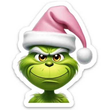 grinch face with a smirk wearing a light pink santa hat sticker