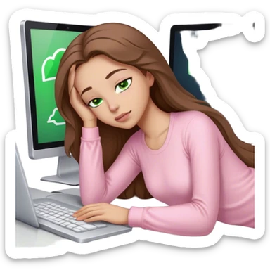 pretty woman with very long brown hair and green eyes and light pink outfit sleeping working on a computer sticker