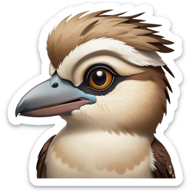Cinematic Noble Kookaburra Portrait Emoji, Poised and regal, with a stout, robust build and a striking plumage of earthy browns and creams, a strong beak and deep-set soulful eyes, Simplified yet sharp and sophisticated features, highly detailed, glowing with a soft, dignified glow, high shine, intelligent and exuberant, stylized with an air of native woodland majesty, focused and attentive, soft glowing outline, capturing the essence of a watchful and confident bird, so majestic it feels as though it could laugh out of the screen with effortless authority! sticker