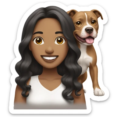 light skin woman with long wavy black hair expressing joy alongide a white and brown pitbull sticker