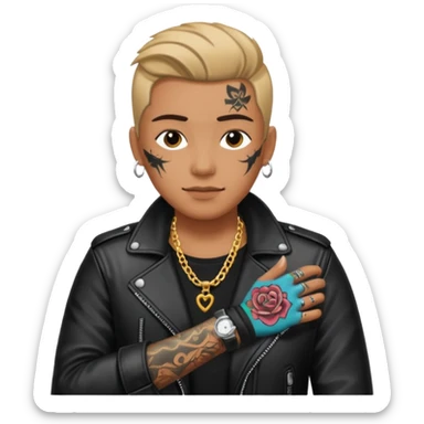 a rockstar wearing necklace, leather jacket, having tattoo sticker