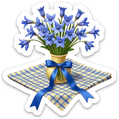 A lush bouquet of bright blue color bluebell black satin ribbon, resting on an antique wooden table, with a pale yellow and pink plaid pattern table cloth sticker