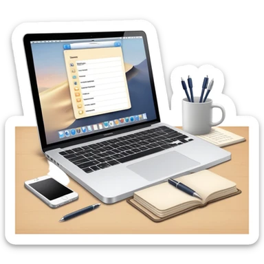 MacBook with booking app open beside vintage paper notebook and pen sticker
