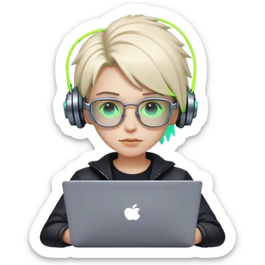 An emoji of a person with a laptop, but wearing cyberpunk glasses and with a slight neon glow sticker