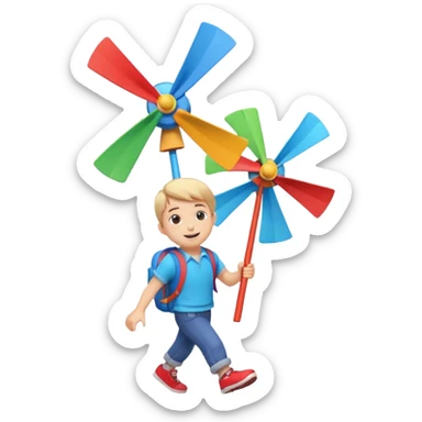 cute boy carrying a toy windmill backpack, colorful windmill spinning on the back, happy expression, casual outfit, 3D cartoon, mobile game icon style, clean background, no text, no watermark
 sticker