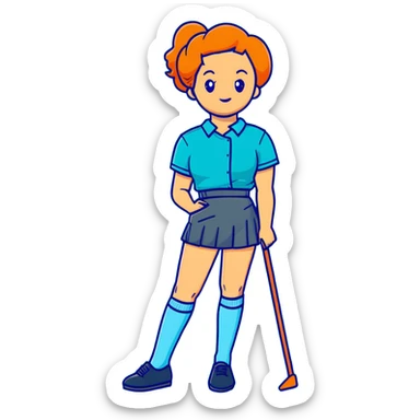 woman wearing teal wrap shirt, blue a-line skirt, light blue knee-high socks sticker