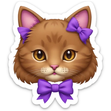 Brown kitty with a one purple bow on the side of her ear sticker