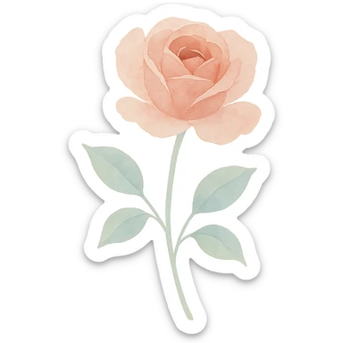 rose with stem and leaves, luminous colors, gentle blending, realistic botanical illustration sticker