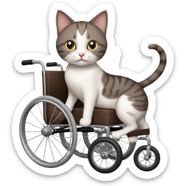 full body small short hair dark brown and white cat with hazel eyes walking in a wheelchair for cats sticker