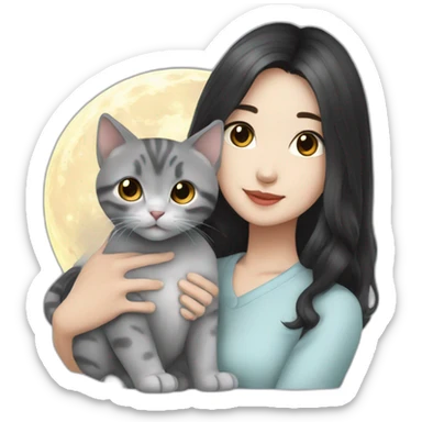 Asian couple dark hair with british grey kitten moon sticker