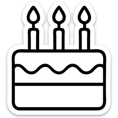 A birthday cake with lit candles and decorative frosting sticker