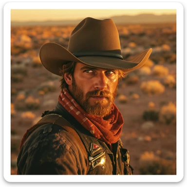 Cinematic , documentary photography, top angle medium shot, cowboy look eye brave, hard light golden hour, desert arizona, shot on arri alexa, 80s movie sticker