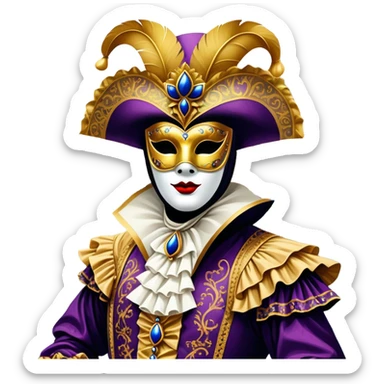 Venice Carnival performer – Cinematic Realistic Venice Carnival Performer, depicted in an opulent, elaborately masked costume with rich textures, vibrant colors, and dramatic, soft lighting, set against the historic backdrop of Venetian canals, capturing the mystery and extravagance of the carnival. sticker