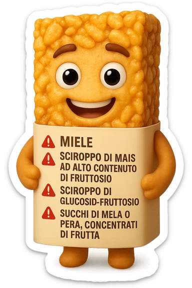 SU QUESTO STILE FAI UN EMOJI STILE IPHONE 3D DI UNa barretta ai cereali con ETICHETTA CON GLI INGREDIENTI SCRITTI, "miele, sciroppo di mais ad alto contenuto di fruttosio, sciroppo di glucosio-fruttosio, succhi di mela o pera,
concentrati di frutta" accanto ad ogni nome scritto mettici un segnale di allarme, FALLO MOLTO REALISTICO IN 3D sticker