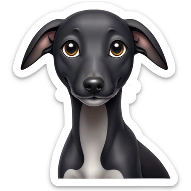Cinematic Cute Black Greyhound Portrait Emoji, Head tilted playfully and inquisitively, featuring a smooth, shiny jet-black Fur and round, sparkling dark eyes filled with curiosity, Simplified yet irresistibly adorable features, highly detailed, glowing with a warm, friendly glow, high shine, affectionate and agile, stylized with a touch of whimsy, bright and endearing, soft glowing outline, capturing the essence of a mischievous yet loving racer, so playful it feels like it could dash out of the screen and into your arms! sticker