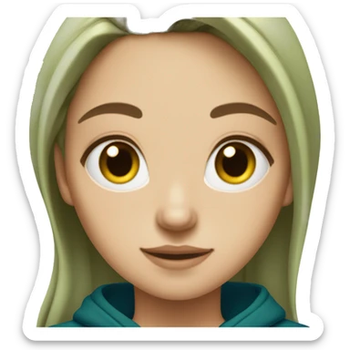 white girl with long wavy dark blue middle parted hair wearing green hoodie sticker