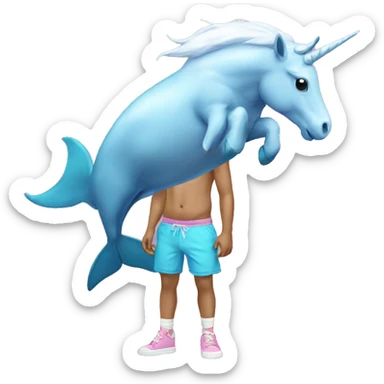 Unicorn wearing shorts with a dolphin  sticker